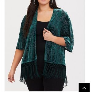 Green velvet fringe kimono